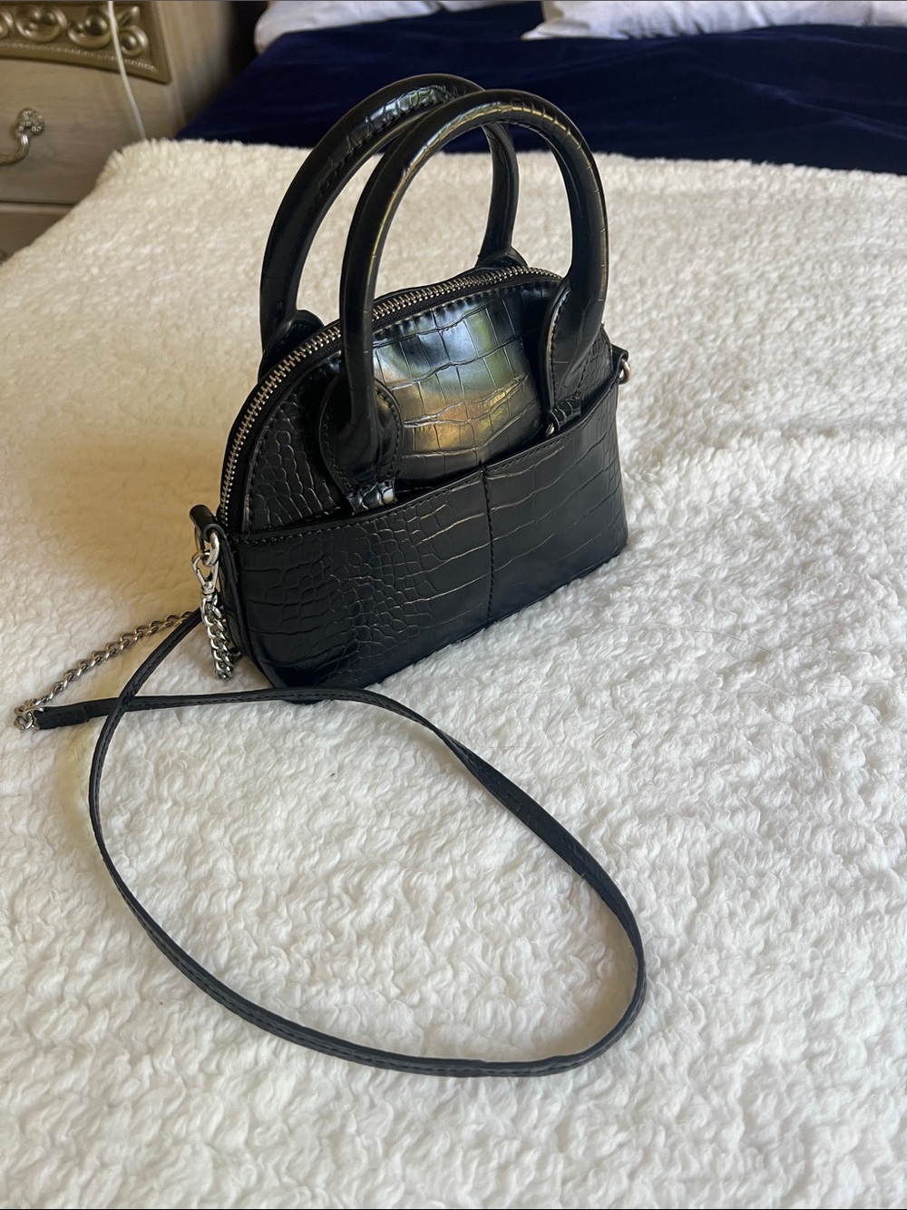 ZARA Black Croc-Embossed Mini Satchel Crossbody Bag/hand bag